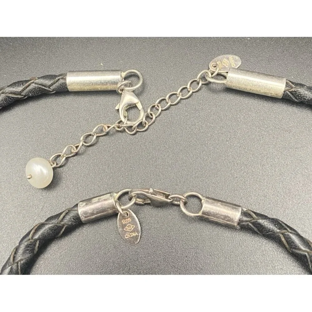 Necklace & Bracelet Set Sterling Silver Freshwater Pearls Braided Black Leather - Picture 6 of 7